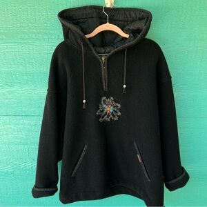 GIESSWEIN 100% WOOL LAGENLOOK PULLOVER HOODIE JACKET EMBROIDERED BLACK SIZE XL